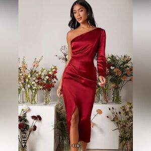 Shein One Shoulder Ruched Midi Length Gown with Front Slit
